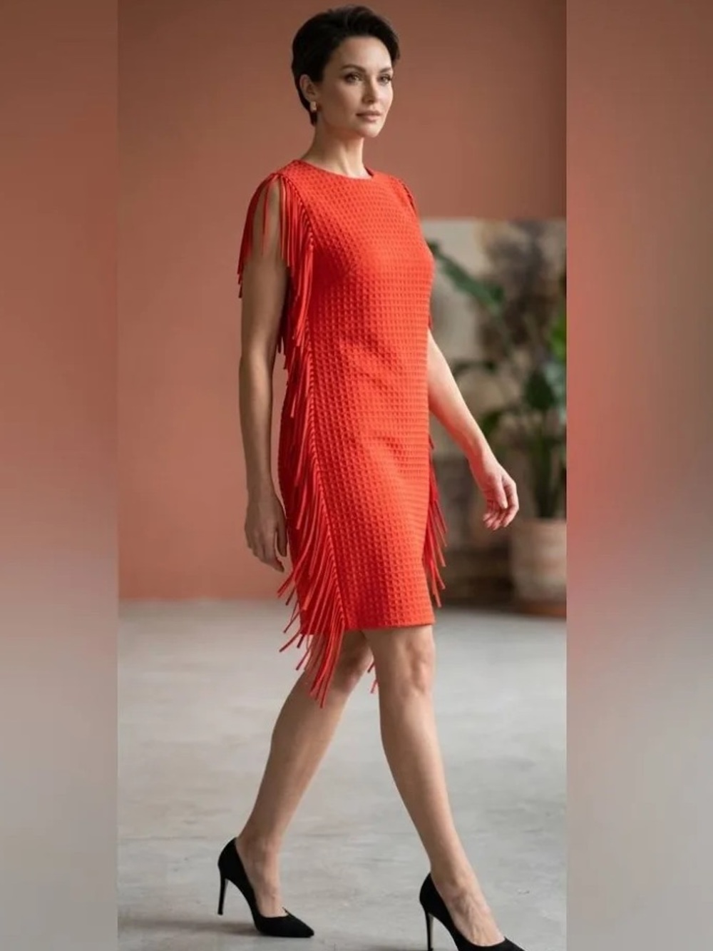 English Factory Textured Fringe Shift Dress Red Sleeveless Size Large L